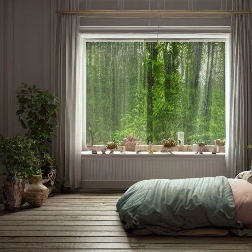 a gorgeous, stunning room facing a huge window with mystical forest view, multiple pastel pillows on rustic wood floor, candles, gauzy curtains, plants, tranquil, 8k resolution, high-quality, fine-detail, digital art, detailed matte, volumetric lighting, illustration, 3D octane render, brian froud, howard lyon, selina french, annie stokes, lisa parker, greg rutowski,