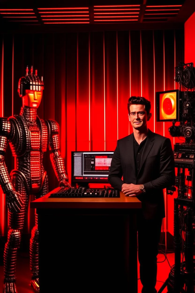 Portrait of a radio host and a Terminator-style robot in a burning radio studio