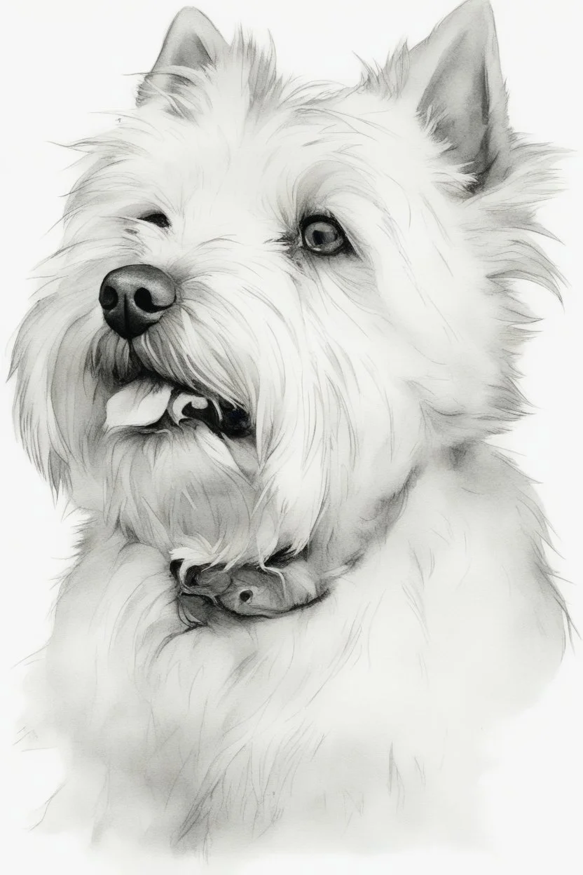 Portrait of a west highland terrier, traditional hand-drawn ink line sketch, retaining rough structure lines and flying lines; watercolour , transparent, water scale edge and strong white highlight; texture white paper background, strong line dynamics; 3:4