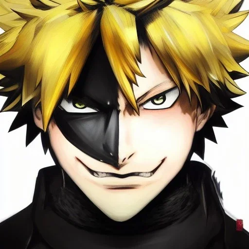 Detailed anime portrait of bakugo from my hero academia, gold hair and golden eyes, black suit, intricate details, full body portrait, keep head in frame, slight smile, black Japanese motif, concept art, highly detailed, digital painting, concept art, sharp focus, illustration, art by Yoji Shinkawa, WLOP and greg rutkowski and alphonse mucha and artgerm and yanjun Chen and Junji ito and Makoto Shinkai, HDR, octane render