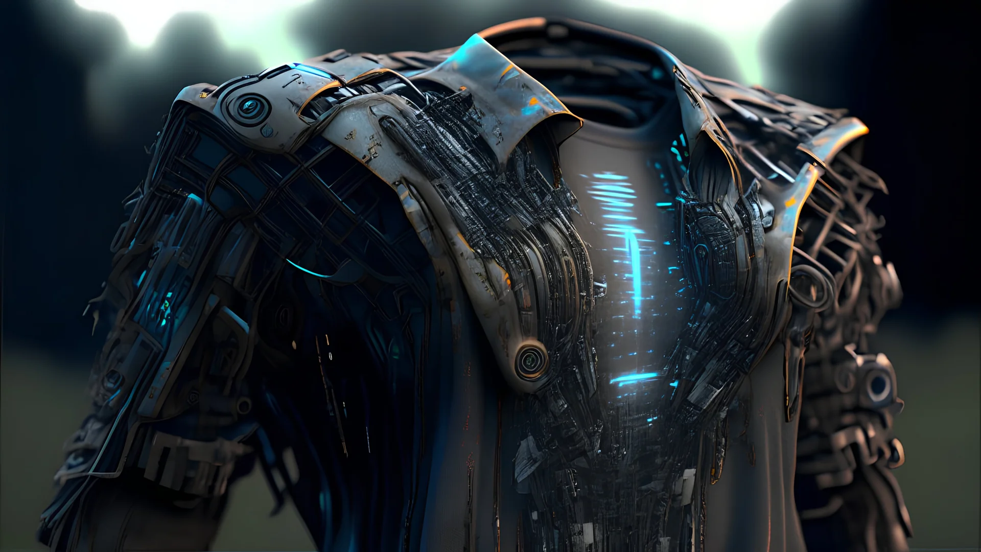 Futuristic shirt made with engine parts dysoptia cyberage HAWKEN postapocalyptic dysoptia scene photorealistic uhd 8k VRAY highly detailed HDR