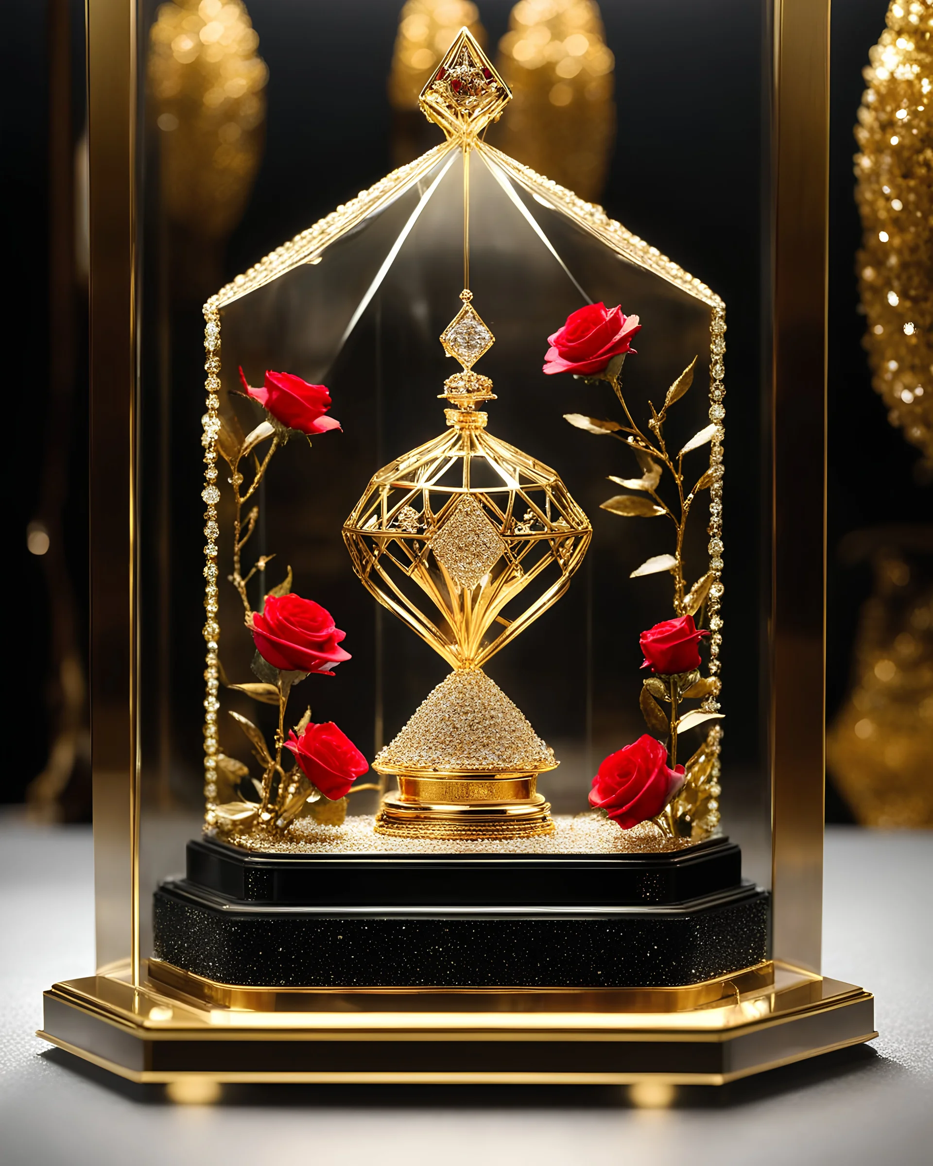 Luxury design of miniature music in a luxury glass display case, singer sing song made of gold metal plate, metal craft with luminous diamond glitter, on the outside surface of luxury jewelry decoration very small diamond stones, very small abstract queen logo, 3D logo shape, musical notes, red diamond stones, black decoration, leaves and roses combined, emitting light, gold background