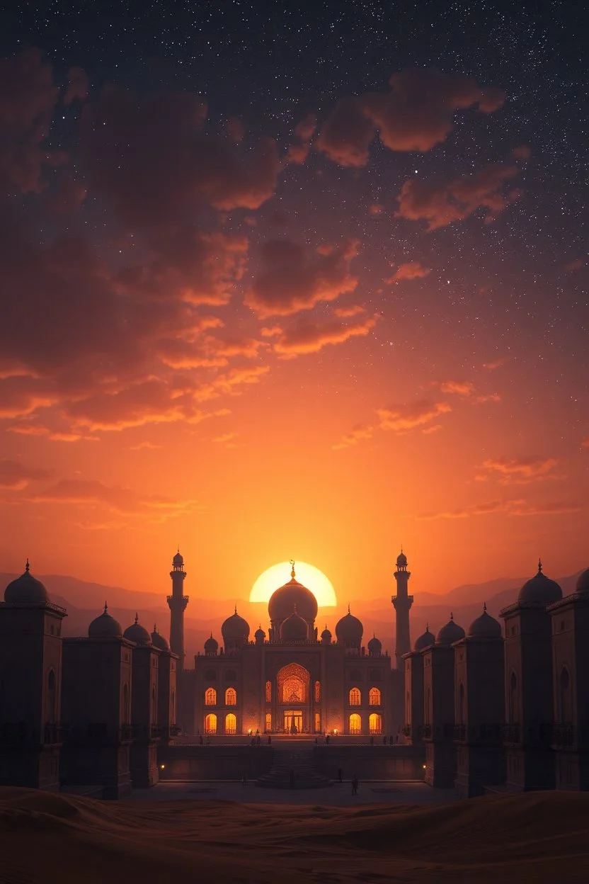 photographic realism. a beautiful desert sunset Arabic scene. atmospheric. huge palace and immense view of the night sky.
