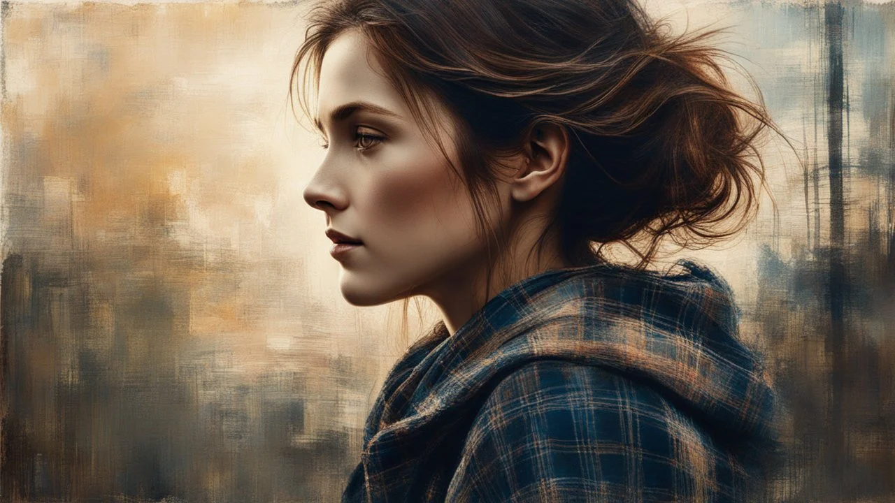 <lora:Texturized:1.0> Profile, woman in tartan, delicate hues blending with etched, crisp outlines, surrounded by gently descending brush strokes, all immersed in the warmth of early morning sunlight casting subtle shadows, against a textured tartan background ​​burlap, reminiscent of the methods of Jeremy Mann or Raphael Sanzio, characterized by the volumetric effects of lithography with stone washes, chiaroscuro and lithographic style, oil painting