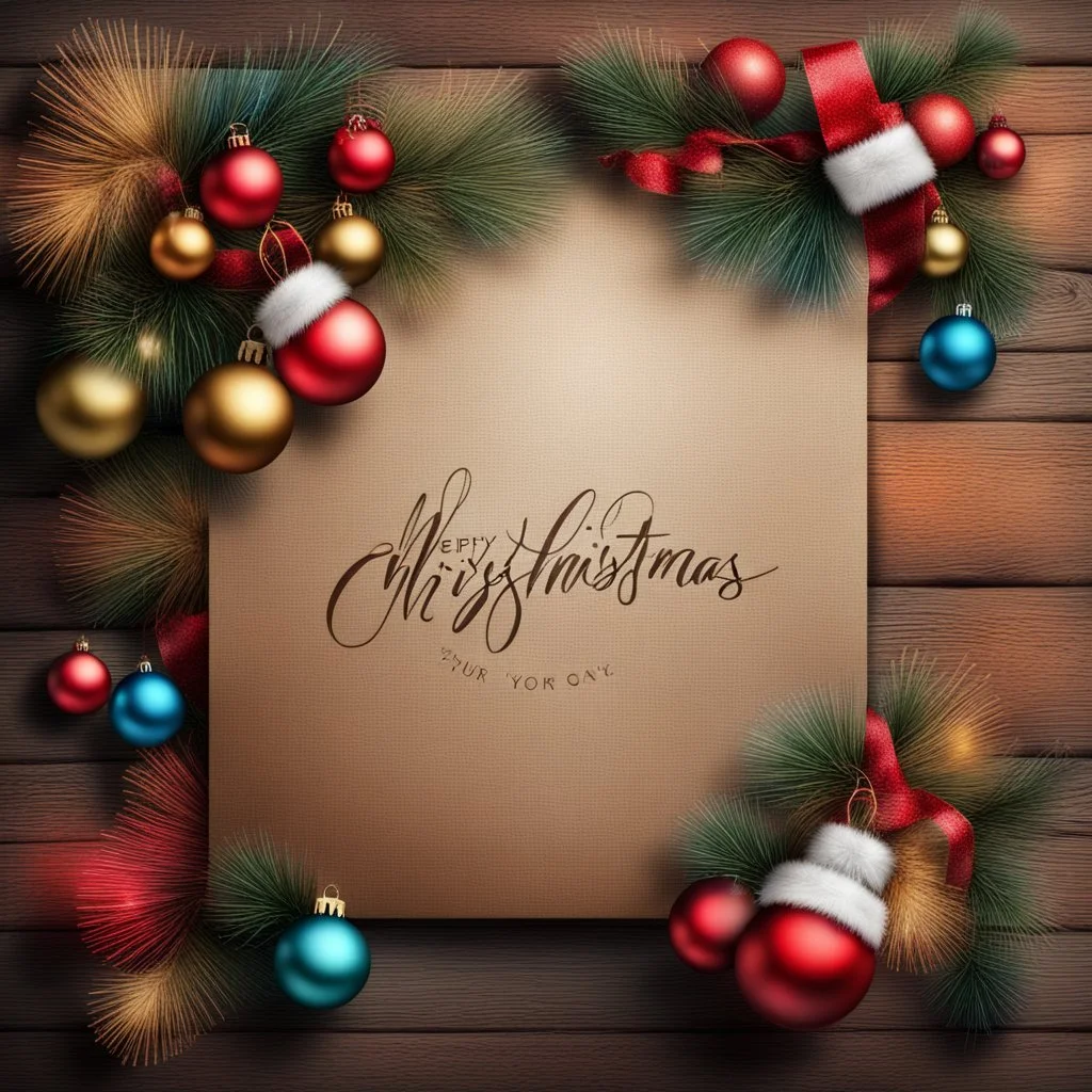 Hyper Realistic colourful Christmas background card with rustic background