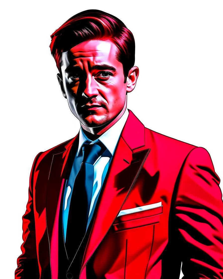 Create a compelling image featuring a man in a red suit with a dapper expression against a white background. Specify a hand-drawn style with bold strokes, emphasizing the meaning of the subject. Ensure the composition captures the essence of elegant expression, creating a visually striking and impactful scene through the use of hand-drawn strokes.