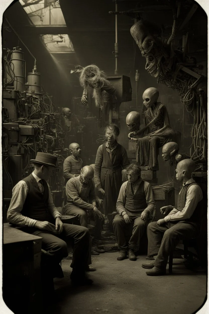 1805's black and white vintage photo, interior, working ((alien))::10 organ manufacturing factory steampunk warehouse, unhappy and angry,stange long grey alien (human hybrid) creature with a family that is super sad and are scary, disturbing anxiety, captured on square format film, grainy brown, aged, young men, depressed, tired, in their flight jacketand holocaust era