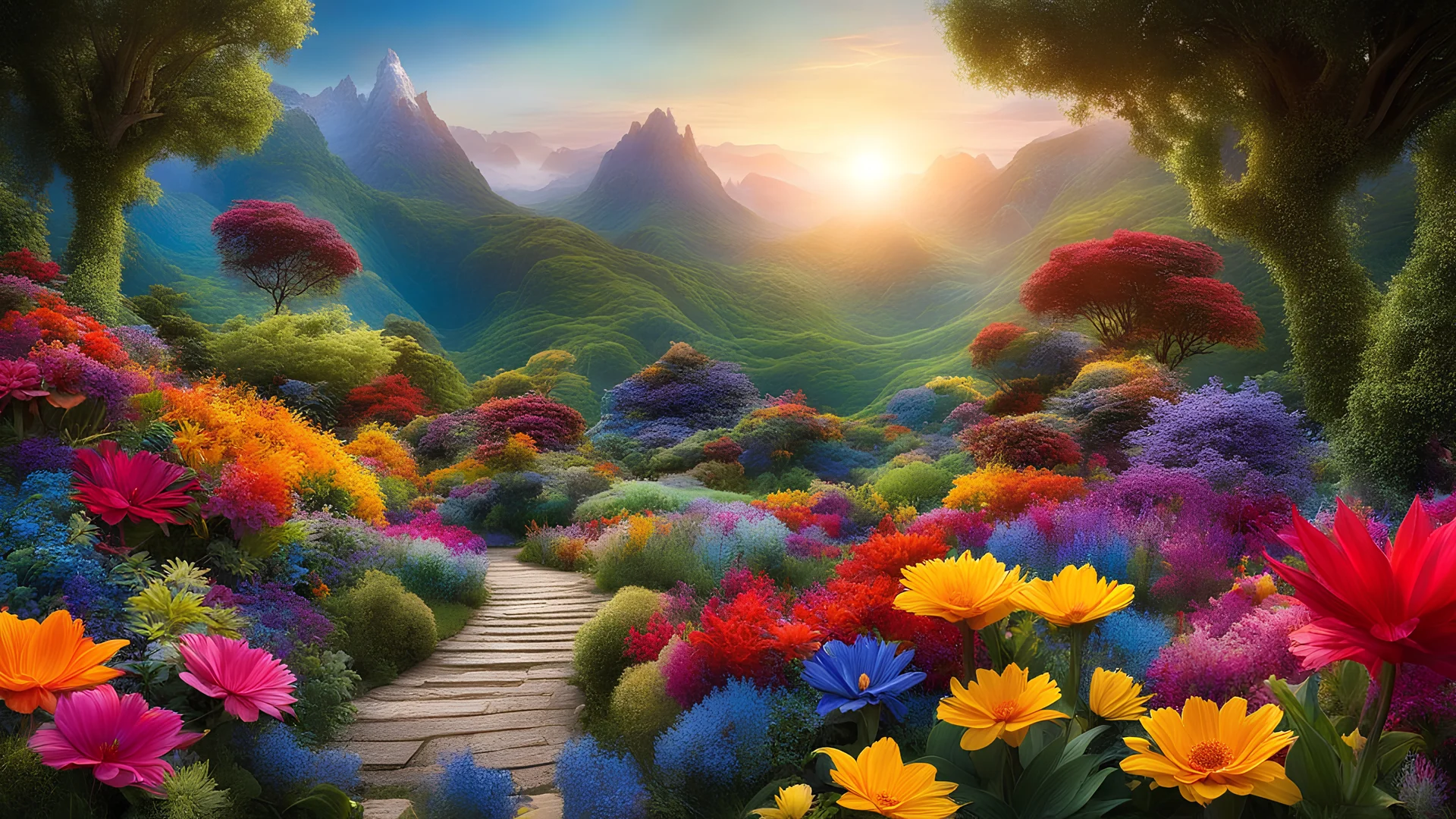 transcending reality, a botanical wonderland of vibrant colors and fantastic flora, a unique paradise where vibrant flowers bloom in unimaginable shapes and colors, a world that evokes a sense of curiosity and awe,