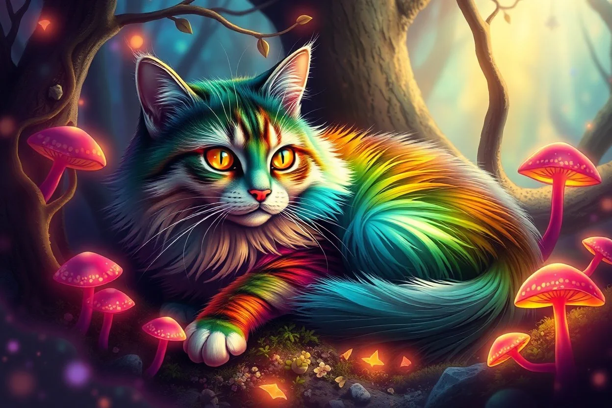 A rainbow-colored cat with golden and teal eyes resting in a magical forest, surrounded by glowing mushrooms, neon vines, and fragmented light. The background is dreamy and surreal. --v 7 --style raw --ar 4:5 --q 2