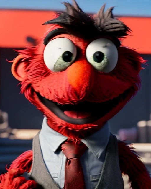 hybrid character, Elmo muppet head, realistic man body, human arms and hands, Shirt and tie, concept art, smooth, unreal engine 5, god lights, ray tracing, RTX, lumen lighting, ultra detail, volumetric lighting, 3d, finely drawn, high definition, 4k.