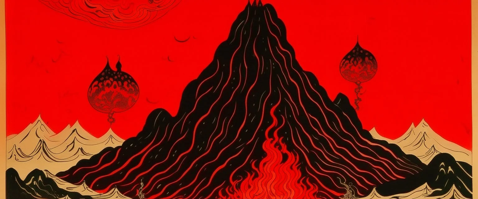 A red volcano with spewing lava and fire designed in Javanese shadow puppets painted by Guo Xi