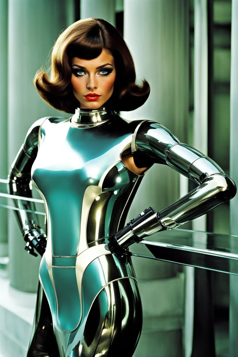 female humanoid robot, beautiful like a supermodel from the sixties, beautiful eyes, sexy, helmut newton, glass bubble