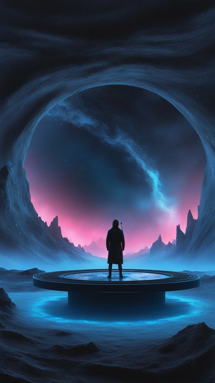 A shadow is standing in front of a Blue Galaxy inside a marble, surrounded by neon Blue and Black fog, 3D, trippy, spooky. Stunning environment, beautifully lit, insanely detailed
