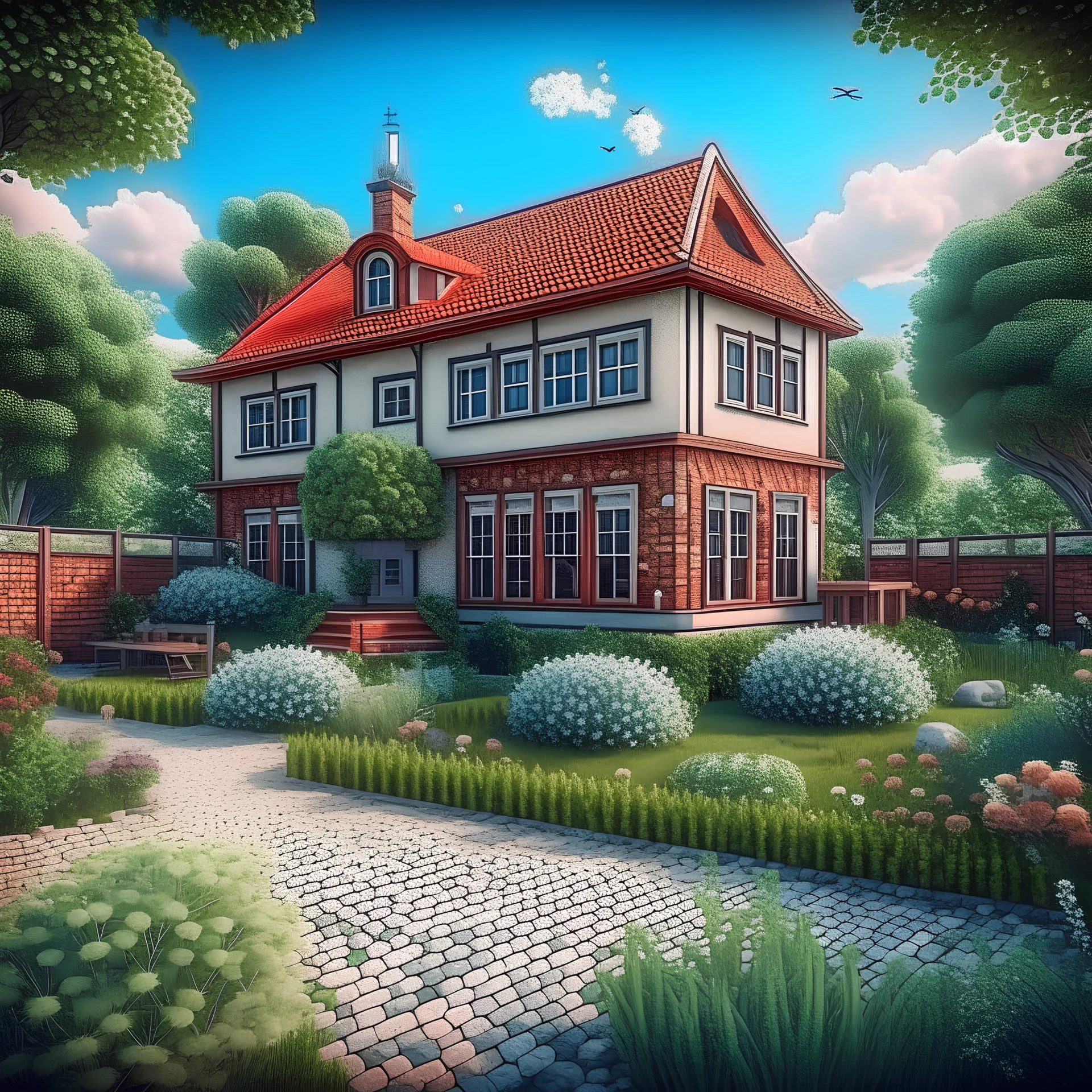 {panoramic, wide angle, a small villa with bricks, duplex house, nestled at the edge of a garden with apple trees, and aromatic herbs. Cinema 4d, matte painting, polished, beautiful, colorful, intricate, eldritch, ethereal, vibrant, surrealism, surrealism, vray, nvdia ray tracing, cryengine, magical, 4k, 8k, masterpiece, crystal, happy mood. Green. afternoon.