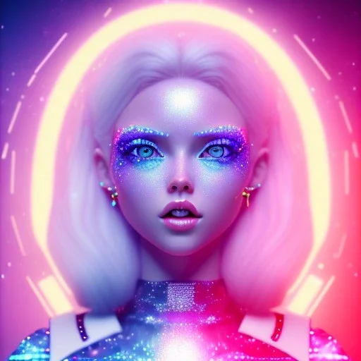 Smiling happy galactic girl, glitter blue and white dress with jewels, blond hair, blue eyes, pink glossy lips, cinematic lights, HQ, 4k, high details