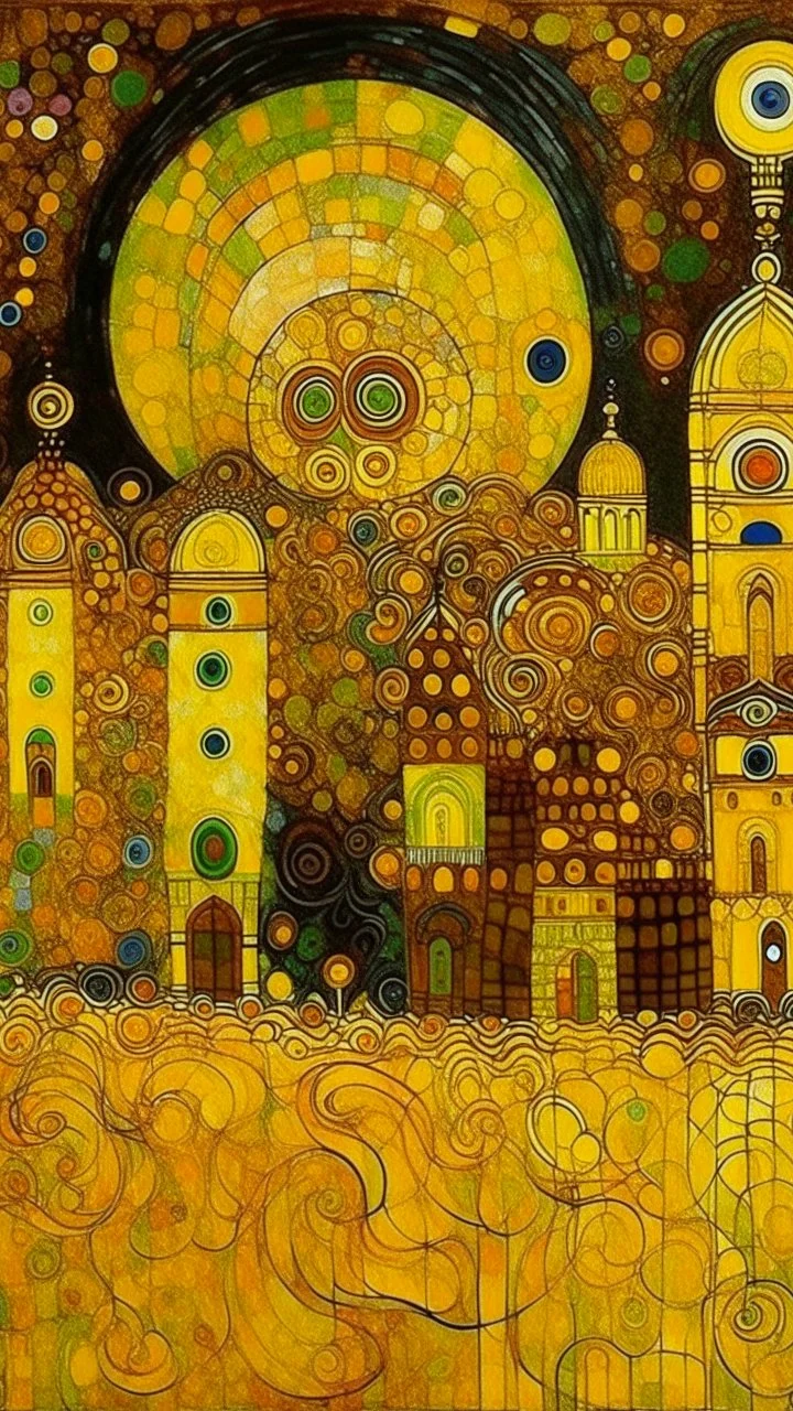 A yellow spooky haunted glowing electrical city painted by Gustav Klimt