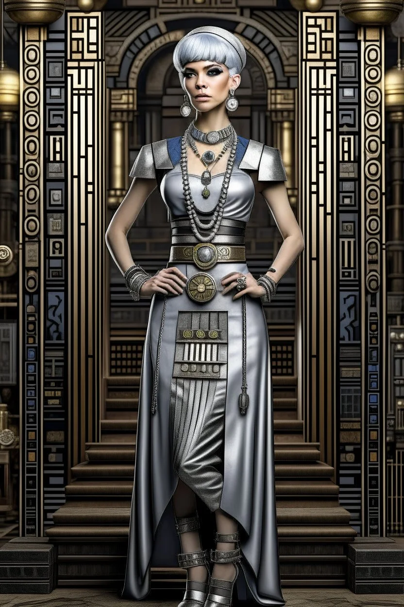 Creation: full body and headshot of a skinny Cleopatra, with a silver bob hairstyle, standing in a steampunk setting.