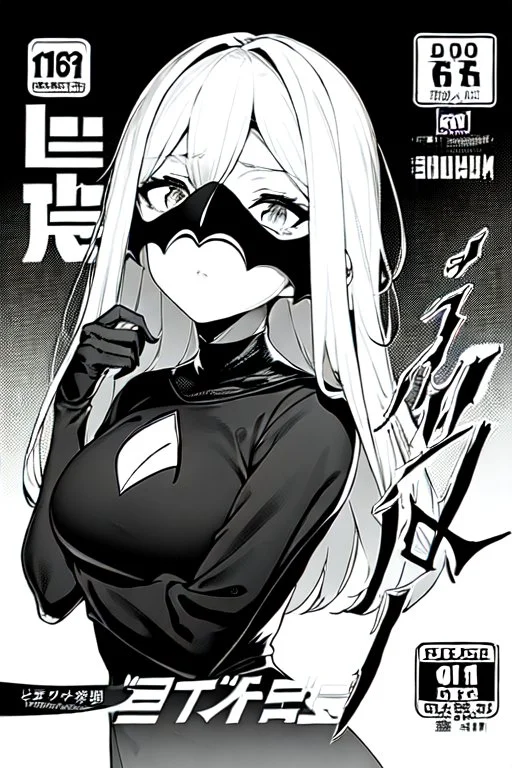 girl with demon mask in the middle of the room, line arts, manga cover, greyscale