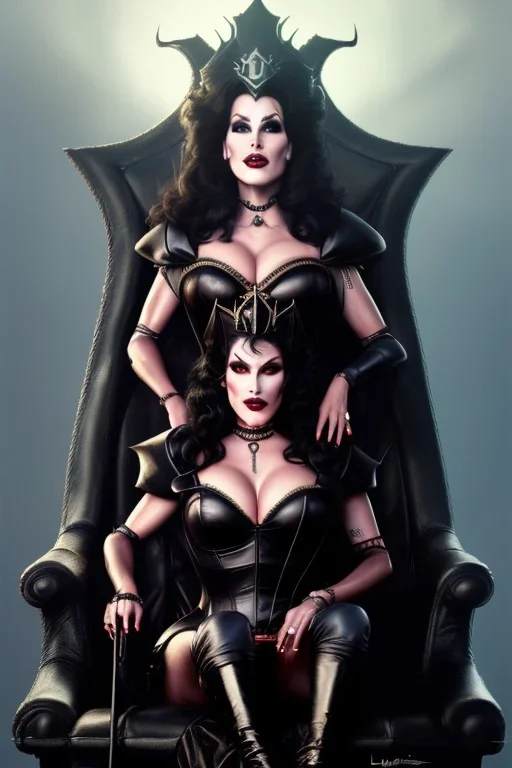 painting of lisa ann as evil queen in black leather, sitting on a throne, leather, angry, stern look, volumetric lighting, particales,highly detailed,cinematic, deep colours,8, highly detailed, digital painting, artstation, concept art, smooth, sharp focus,