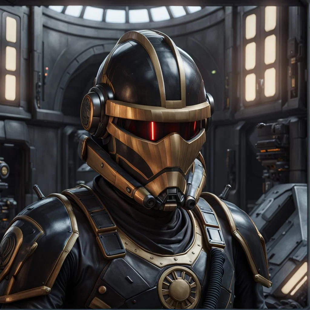 star wars bald male corellian pilot wearing pearlescent black and gunmetal grey First Order special forces heavy assault stealth commando armor and helmet with gold trim inside the jedi temple, hyperdetailed, dynamic lighting, hyperdetailed background, 8k resolution, volumetric lighting, light skin, fully symmetric details