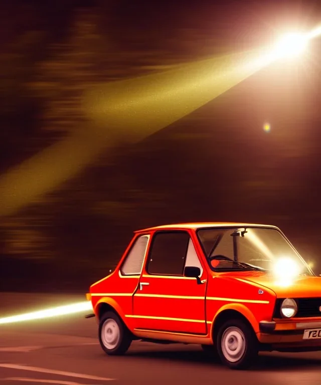 fiat 126p, city. high speed. bokeh. lens flare. warm lights. high detailed