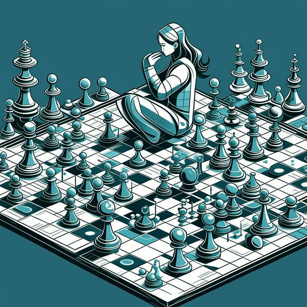 illustration of A digital artificial world of social media filled with chess pieces, each one representing a different strategy. a person thinking about the complex game of strategy.