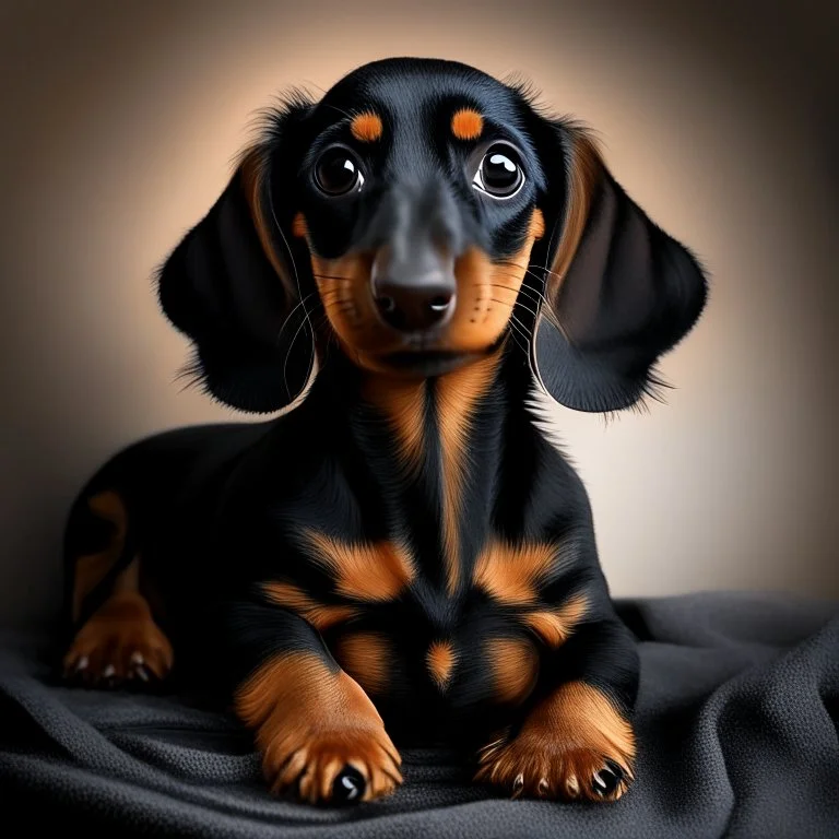 Disney style picture of a black and tan short hair dachshund puppy of 7 months.