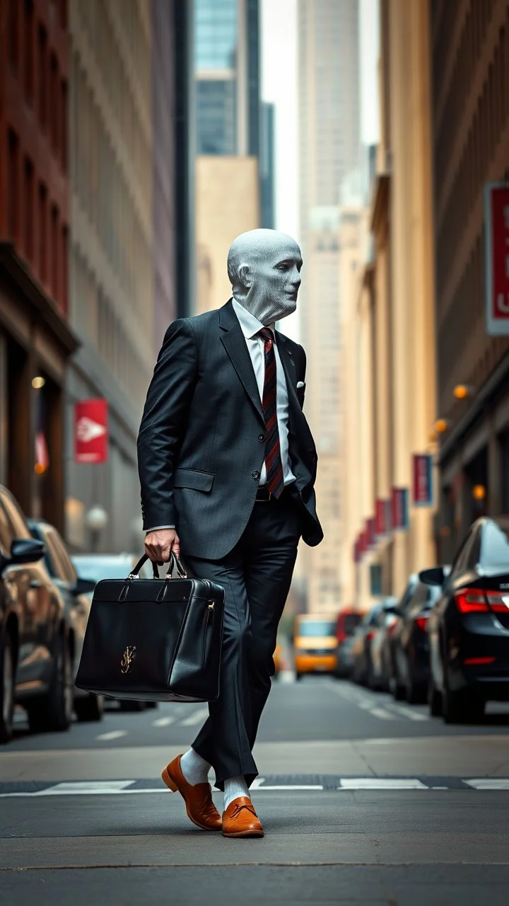 A man with suite carrying a business bag walking in the new York street , his head is a covered with white socks