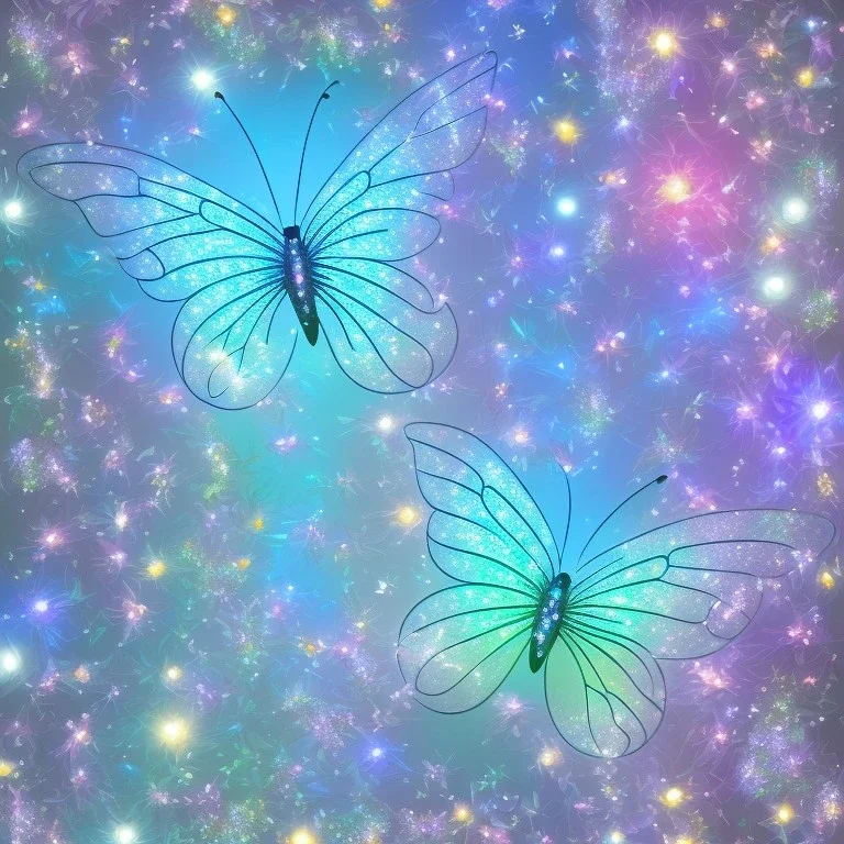 garden with subtle cristal transparent bright glitter blue butterfly, light, galactic, subtle flowers