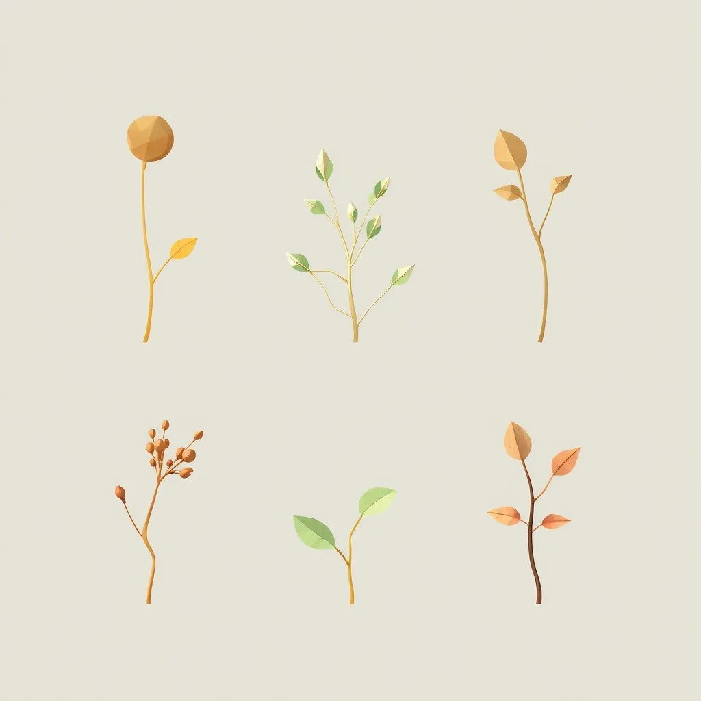 concept art of six low poly stylized alien dry single leaf plant on a neutral background. Strange fictional extraterrestrial flora with unusual shapes