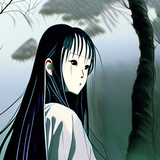 Sadako Yamamura (Ringu, 1998) ; screenshot, Dark Foggy Georgeous Horror Dark Fantasy Art by James Bousema, digital illustration, evil,wild, cold stare ,photo-realistic, 32K,dynamic colors,high details,high definition,crystal clear image,aspect ratio 33:1,DIGITAL ILLUSTRATION by James Bousema Modifiers: Nikon D850 elegant Award winning photography fantasy photorealistic very attractive