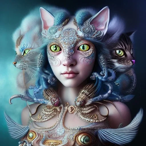 "Insanely detailed photograph of an elaborate beautiful cat goddess intricate glowing skin eyes intricate face hair lashes fur dress hyperdetailed painting by Anna Dittmann Huang Guangjian and Dan Witz CGSociety ZBrush Central fantasy art album cover art 4K 64 megapixels 8K resolution HDR Greek shiny space colours jewelry celestial hair eyes light"