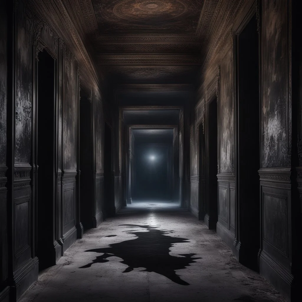 Hyper Realistic transparent black ghost between a huge dark hallway of a historical Indian palace with peeling wall paints at night