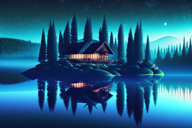 Night, moon, mist, cabin?, pine trees, lagoon reflection, rocks, rocks, sci-fi, epic