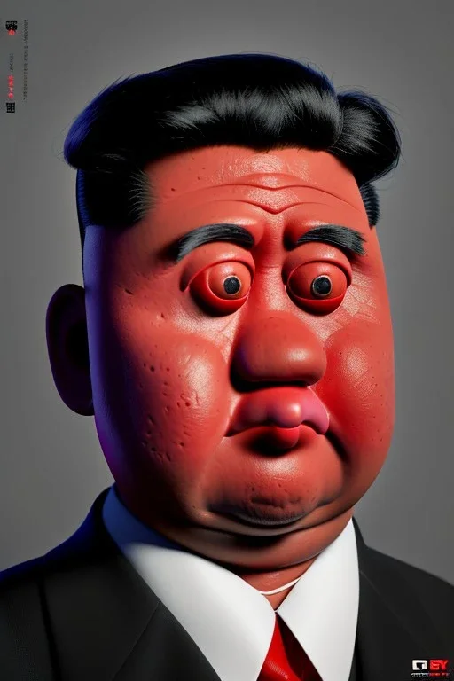 Waist up muppet Portrait, Kim Jong-un muppet doll, black suit, photo studio, red background, unreal engine 5, concept art, art station, ray tracing, lumen lighting, ultra detail, volumetric lighting, 3d.