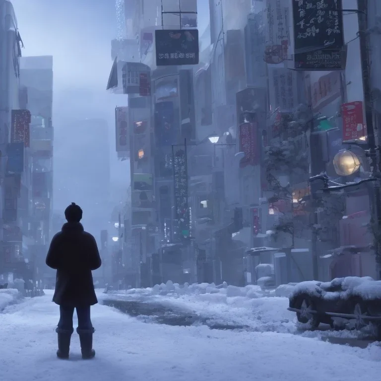 foto tirada por tras de um homem solitário sentado no chão, nas ruas de tokyo, na neve na noite de natal pós apocalipse