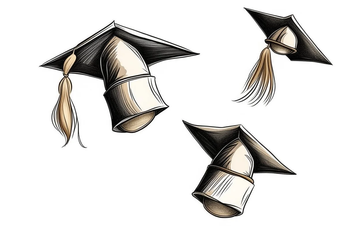 cute drawing of three graduation caps flying in the air against a white background.