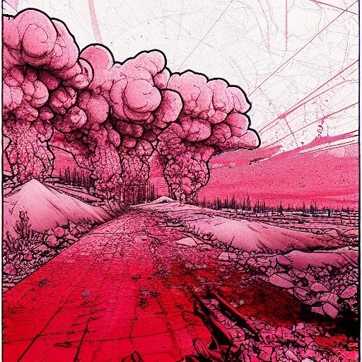  line Art coloured, destroyed, post apocalyptic, darkred tones,