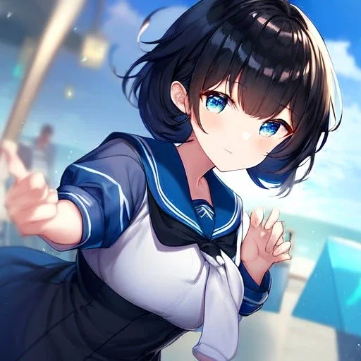 Clear focus,High resolution, Black short fluffy hair, and blue eyes, wearing a sailor uiform