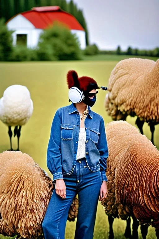 Photograph. Natural woman. Fashion. Old-fashioned things and CD's integrated to full-mask. Old big headphones, golden ring & disc. Possible materials are denim, leather, wool, plate metal, feather. Haute Couture 1990's. Small Finnish farm venue. Tubes, nets, other structures, Recycled plastic. Sheep, chicken, turkeys. Natural Light. Possible colors: Cream, white, Bronze, steel, army green, plum camouflage denim, terracotta, brown and black. Thick tights. Thick calves. Curved fell