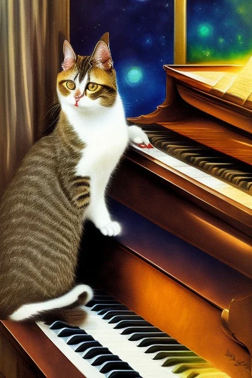 A young beautiful cat, portrait, is playing on a piano, Vienna in the background, watercolour