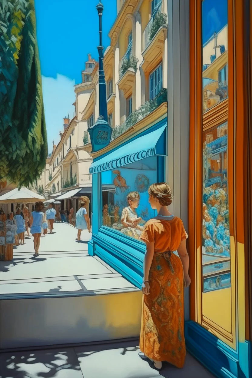 Neoclassicism mother and child looking at a shopwindow distend zoom out realistic cote d'azur colorfull