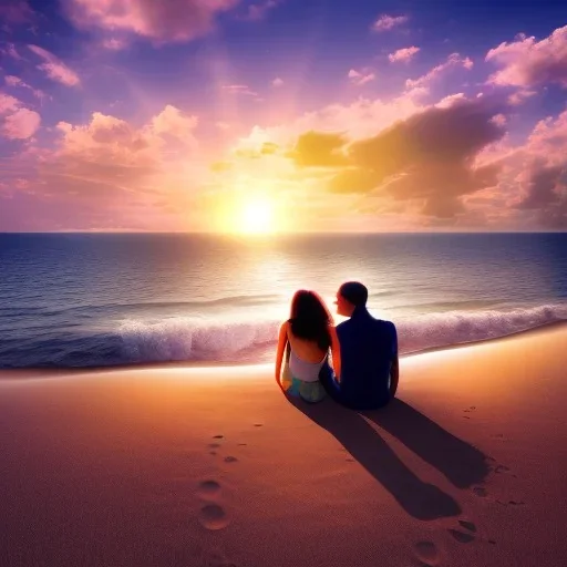 2 lovers watching the sunset sitting in the sand on a sand island