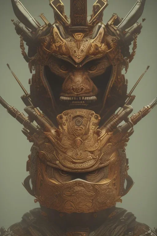 Furious rage, samurai warrior mask, close-up, macro lens, centered camera, intricate details, small minutiae, tiny features, particulars, colorful, 8k, least ambient occlusion, volumetric lighting,