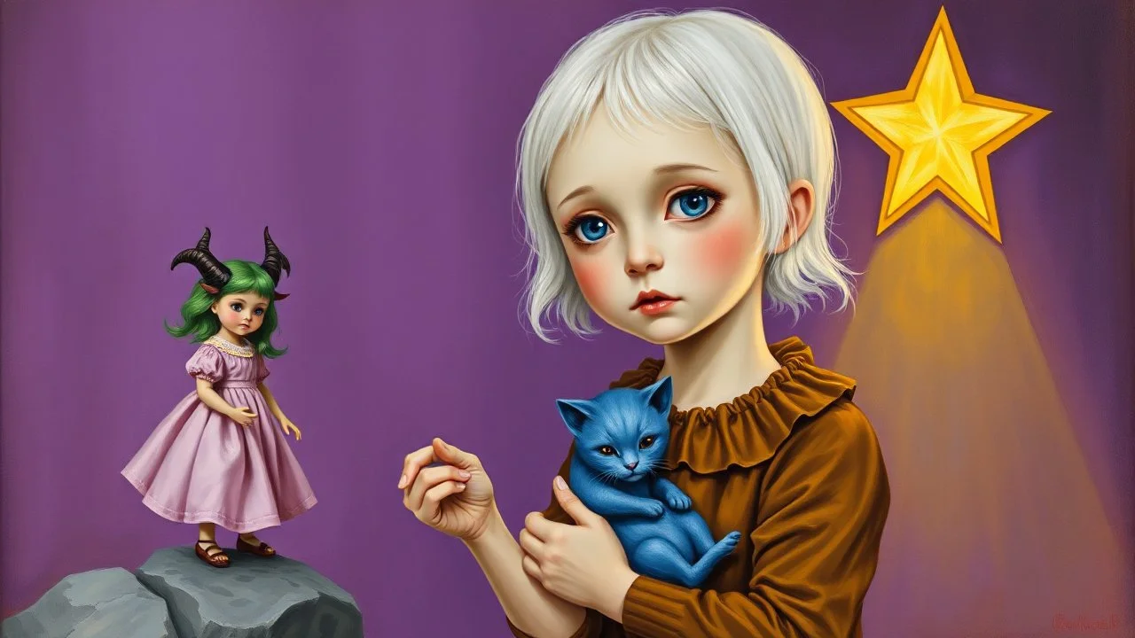 The image is a painting of a young girl with white hair and a pale complexion. She is wearing a brown dress with a ruffled collar and is holding a small blue cat in her arms. The girl is standing in front of a purple background with a star-shaped light fixture on the right side. On the left side of the image, there is a small doll wearing a pink dress with green hair and horns on its head. The doll is standing on a rock and appears to be holding the girl's hand. The overall mood of the painting