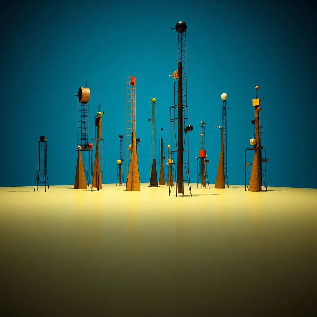 Fotografia di una superficie piatta di colore azzurro chiaro e giallo pastello, su cui si ergono enormi surreali strutture di forma astratta e surreale, di metallo, di colori vari, forti contrasti. Buio. Joan Miró odd style. Strong 3d deep field. Oscurità, paranoic, obsessive, homologic, phobic, nightmare, notte, glossy, hasselblad h6d400c --ar 85:128 --v 6.