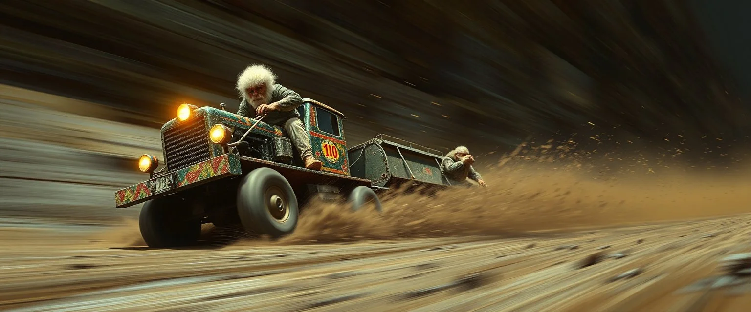 mega blasting fast, so freaking fast, faster than a greased muscle shiny cowboy disco funk fusion fluffy man gremlin monkey pig on a runaway mud train jumping over the cliff . speed and energy, painted by Rembrandt and fallout 4, straight down a muddy slide