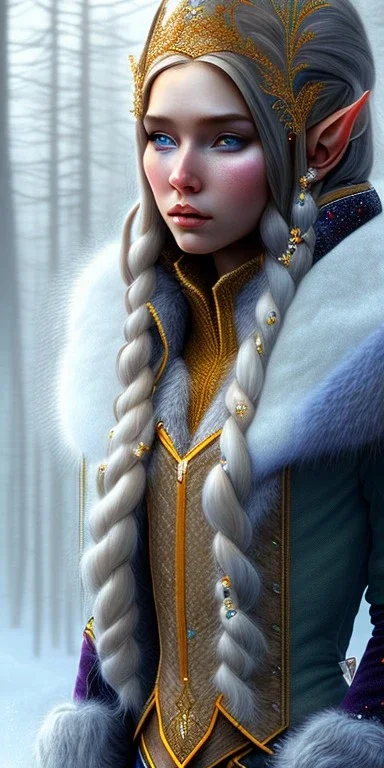 Cute female elven adventurer with ultradetailed SMALL elven ears out of the hairs dressed in a warm overcoat with survival gear and wearing boots on the floor, in style of Cedric Peyravernay Art, microdetails --ar 2:3 --beta --upbeta --upbeta