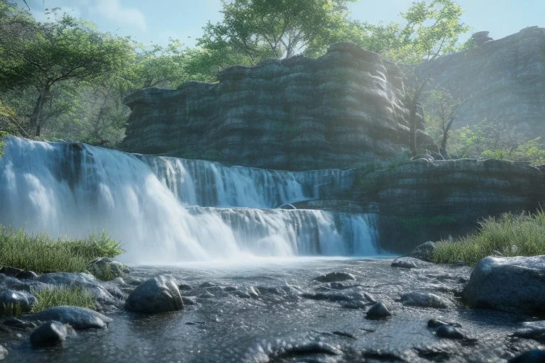 Sunny day, Epic waterfall landscape, rocks foreground