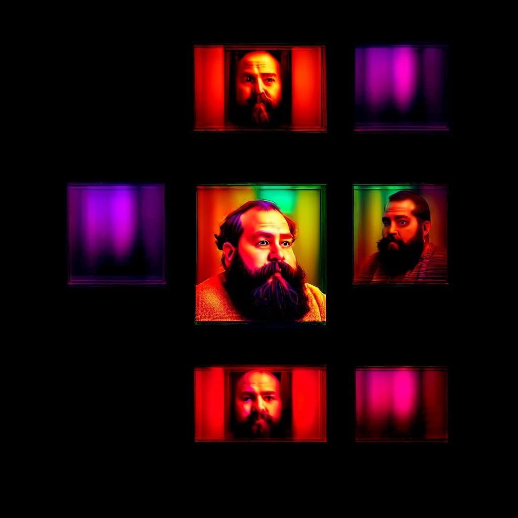 vintage photos arranged in a 2X2 grid, a fat, bearded man (watching tv:1.8),,comic book panels, multiple angles, a mixture of lighting and color palettes.